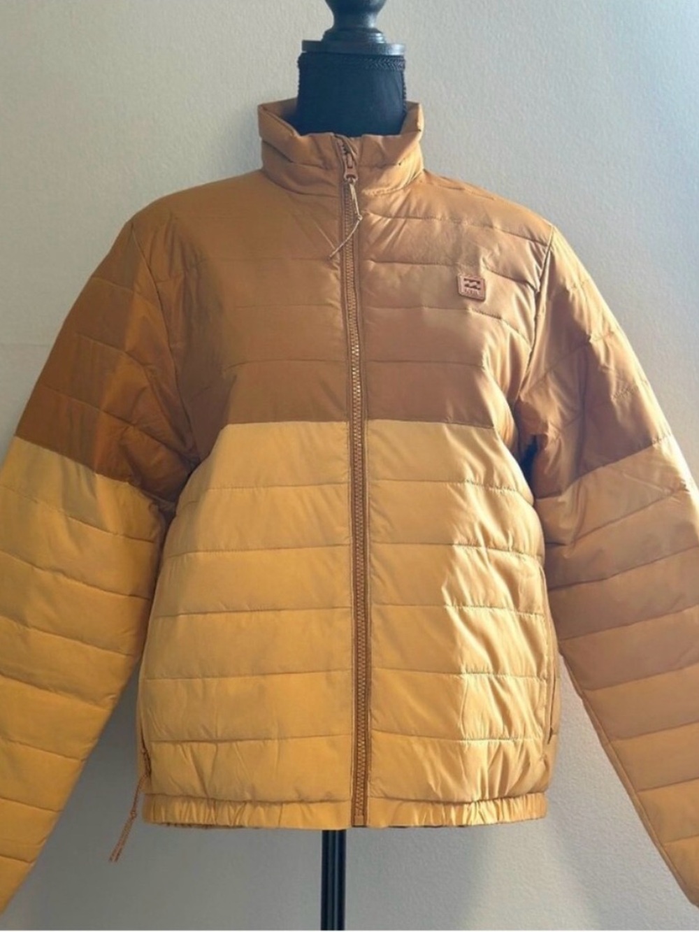 Billabong Two-Tone Quilted Puffer Jacket in Mustard and Tan